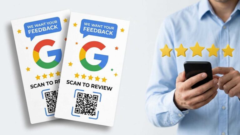 Printed Google review cards showing QR codes for customer feedback.
