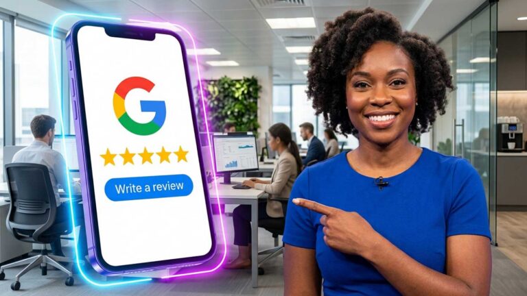 Business professional demonstrating how customers can leave Google reviews using a direct review link.