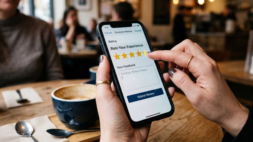 Customer using a smartphone to submit a review with a five-star rating.