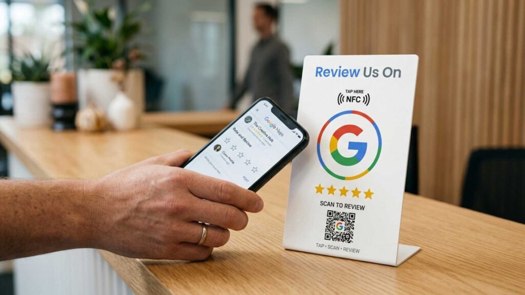 Customer using a smartphone with a Google review card featuring NFC and QR code.