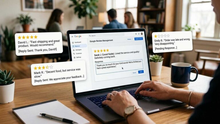 Business owner responding to positive and negative Google reviews on a laptop.