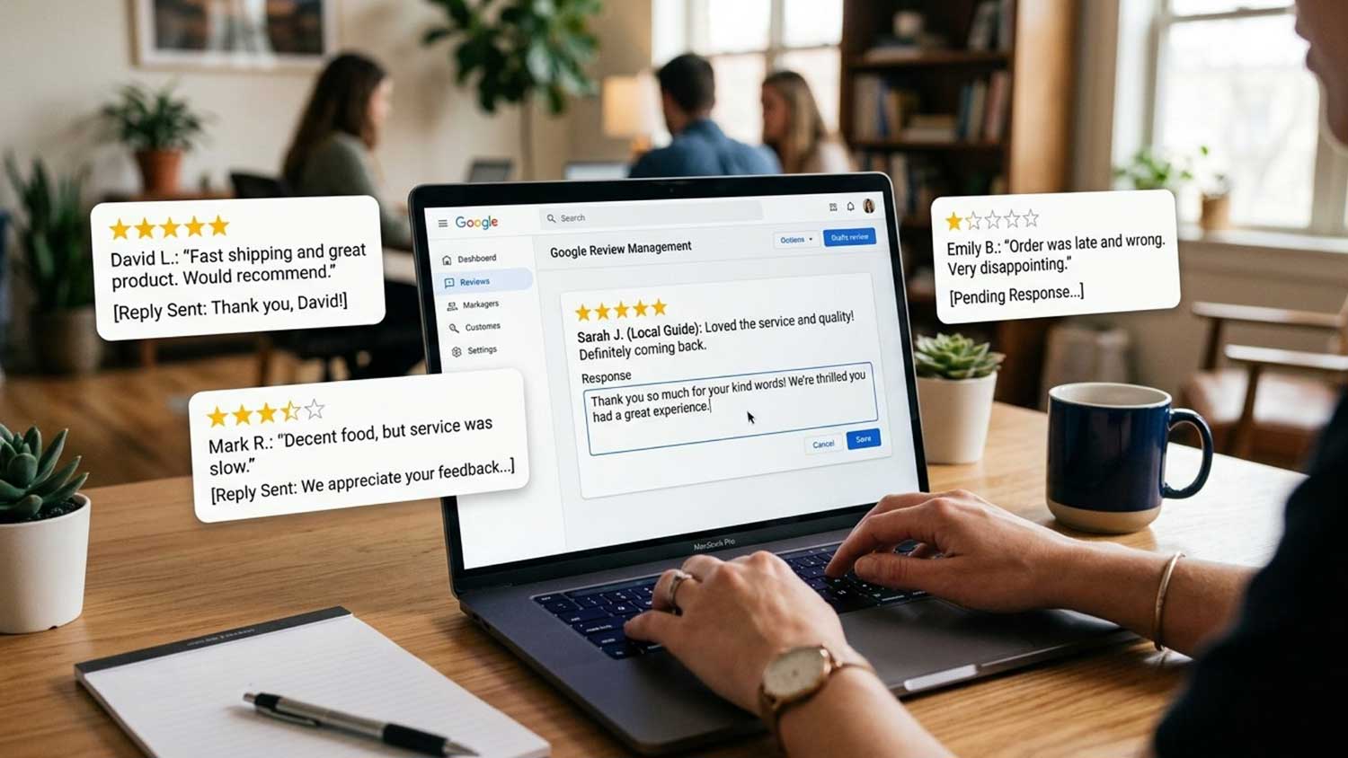 Business owner responding to positive and negative Google reviews on a laptop.